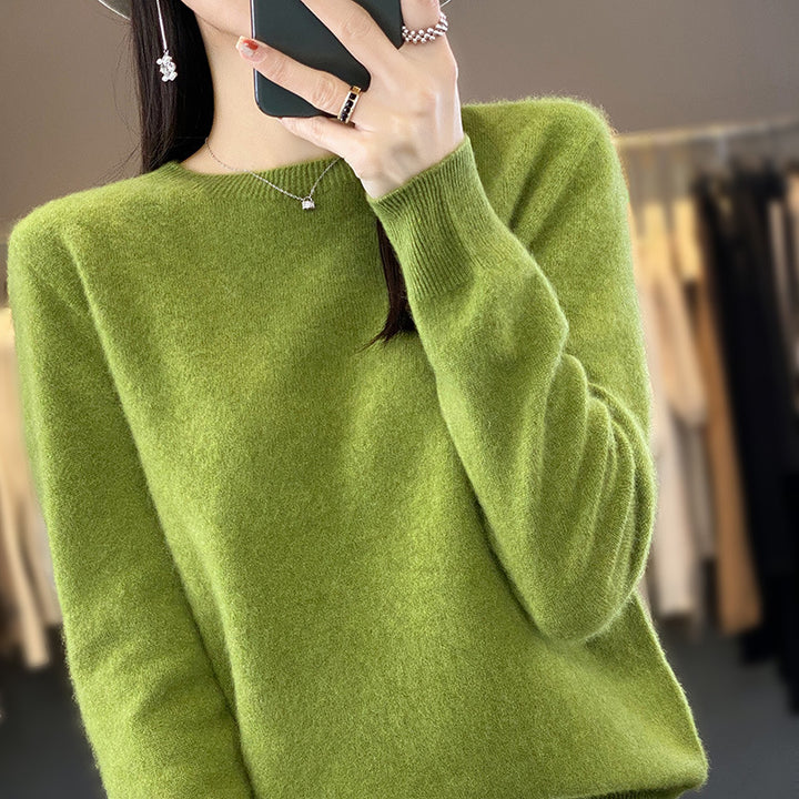 Ladies luxurious fine knit round neck sweater with soft fluffy finish and narrow cuff shape Mune Fashion