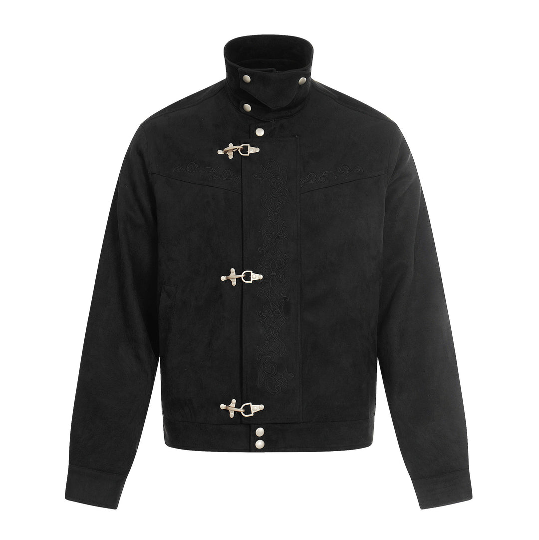 Men's short-cut suede leather blouson with stand-up collar, decorative embroidery, and toggle closure Mune Fashion