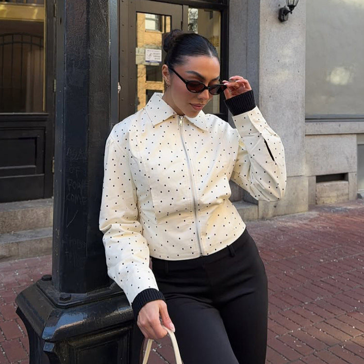 Women's tailored short jacket with polka-dot perforation, shirt collar, and concealed zipper Mune Fashion
