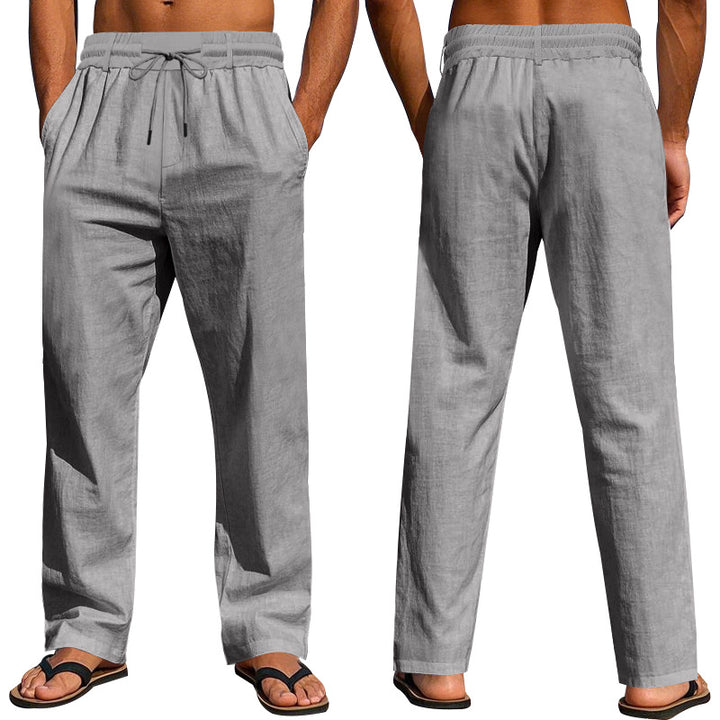 Men's lightweight cotton linen casual pants with drawstring straight cut Mune Fashion