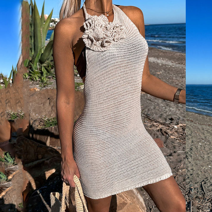 Women's Crochet Beach Dress with Decorative Flower Appliqué Mune Fashion