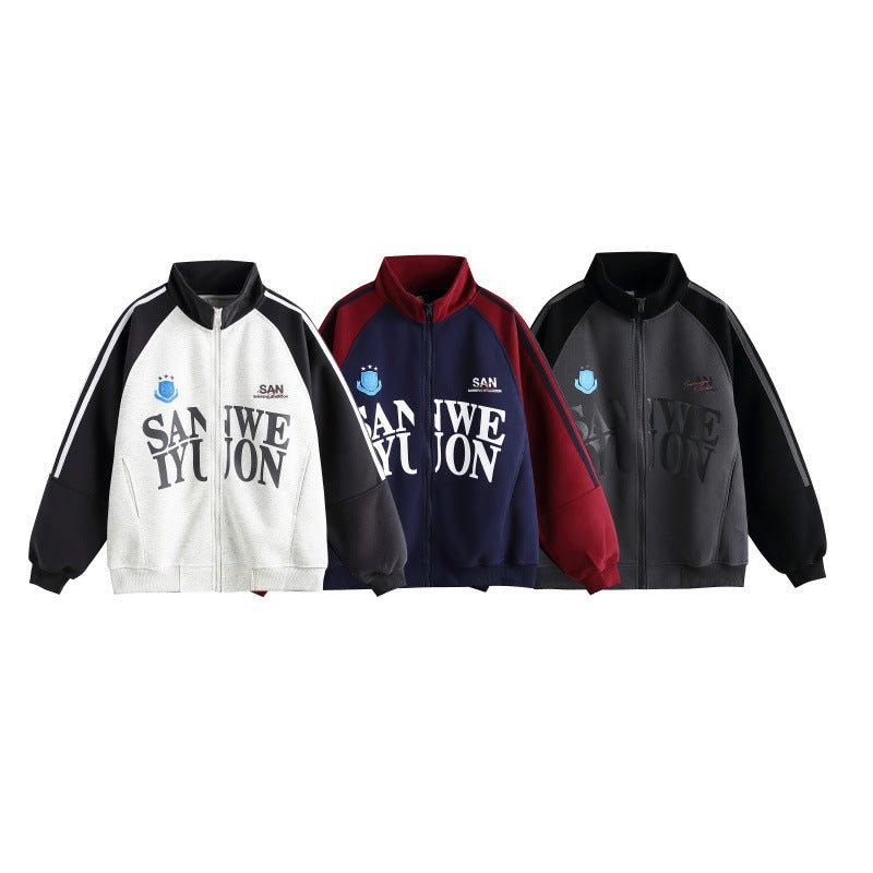Unisex Oversize College Track Jacket with Stand-up Collar and Raglan Sleeves Mune Fashion