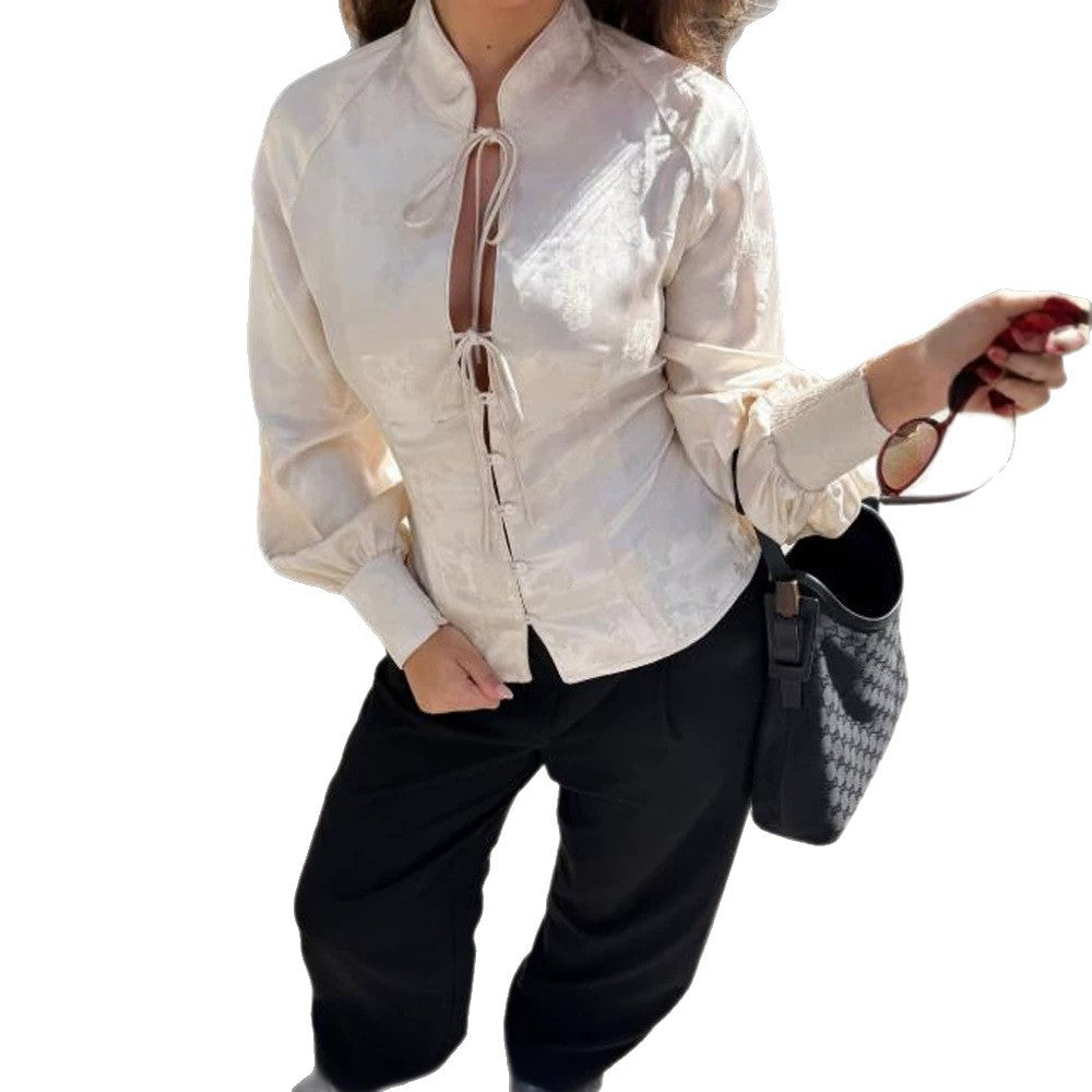 Women Jacquard Satin Blouse with Stand-up Collar, Ties and Fitted Peplum Mune Fashion