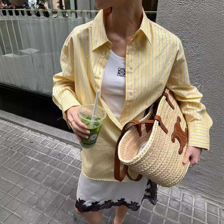 Women's oversized shirt blouse with fine stripes, classic collar and rounded hem Mune Fashion