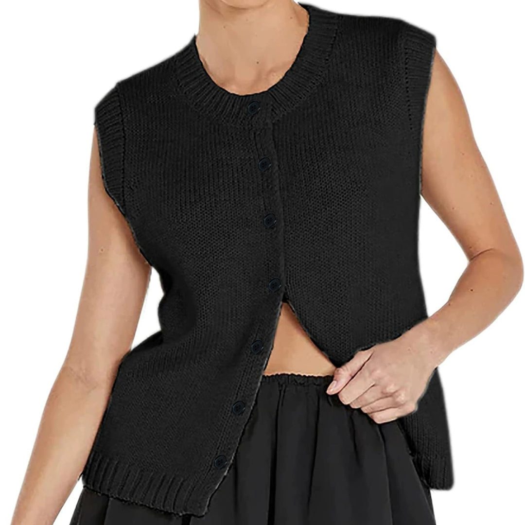 Women knitted sleeveless button vest with ribbed collar Mune Fashion
