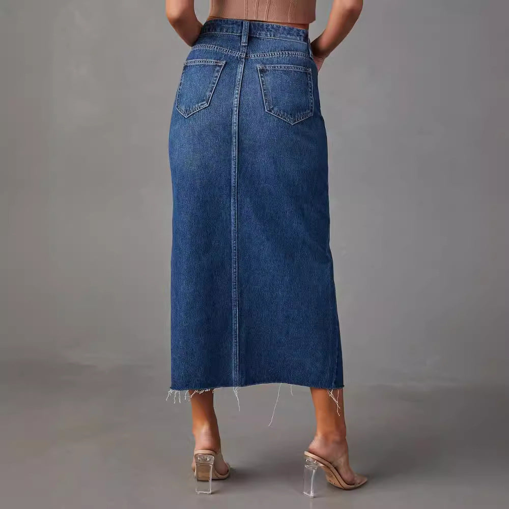 Women's high-waisted midi denim skirt with center front slit and raw hem Mune Fashion