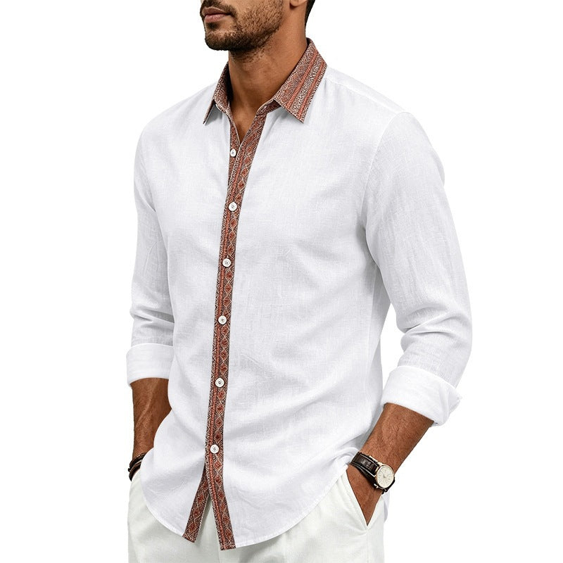 Men's Linen Look Shirt with Contrasted Ethno Trim and Continuous Button Placket Mune Fashion