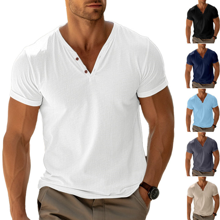 Men's fitted Henley T-shirt with V-neck, short button placket and roll-up sleeves Mune Fashion