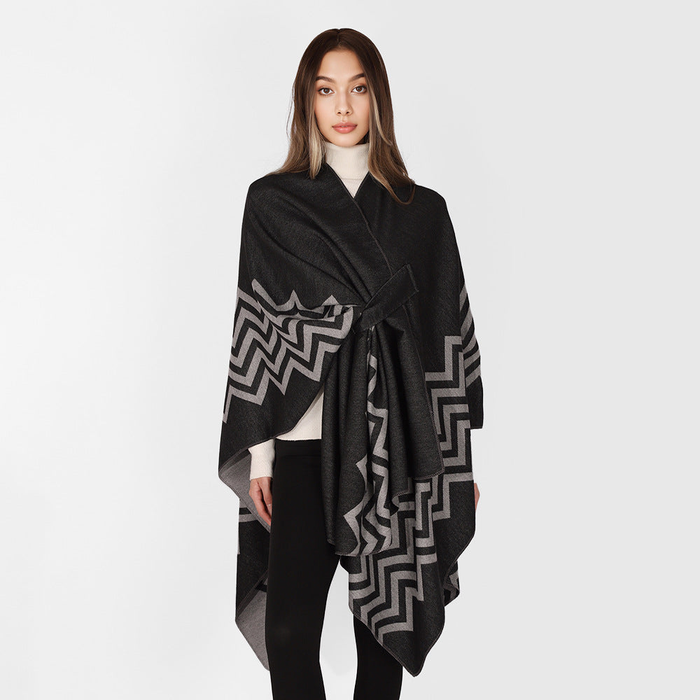 Women's Oversize Rectangle Cape with Jacquard Zigzag Pattern and Ties Belt Mune Fashion