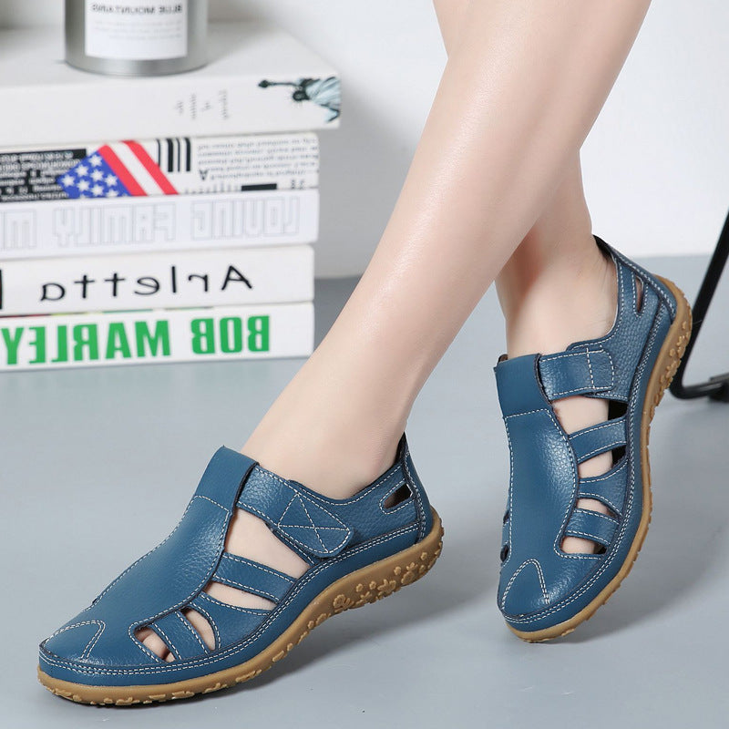 Ladies closed leather summer shoe with cutouts hook and loop fastener and cushioning nub sole Mune Fashion