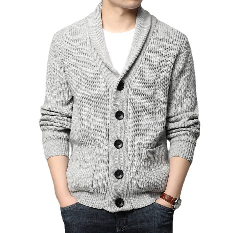 Men's chunky knit cardigan with shawl collar, patch pockets, and button placket Mune Fashion