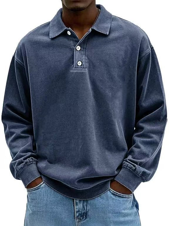 Men's casual polo shirt sweatshirt with collar, vintage wash and three-piece button placket Mune Fashion