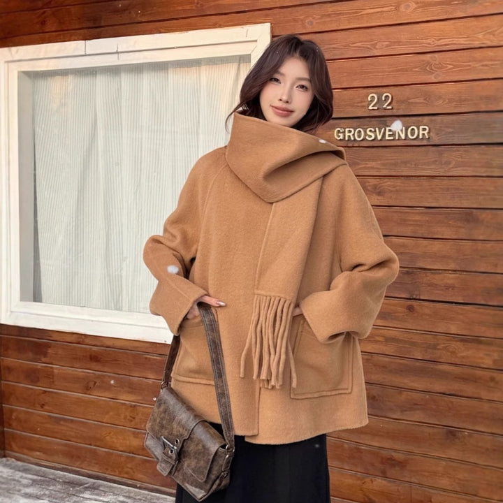 Women Oversize Wool Coat with Voluminous Shawl Collar and Fringes Mune Fashion