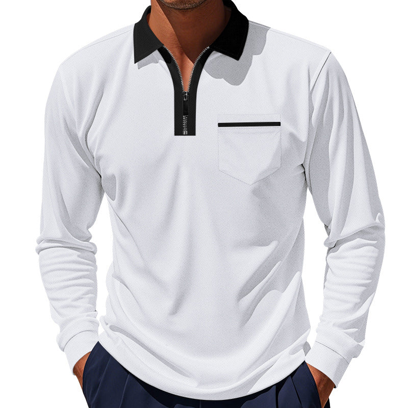Men's long-sleeved zip polo shirt with chest pocket and contrast collar Mune Fashion