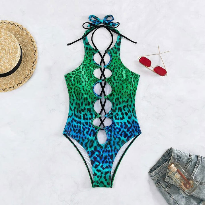Women's one-piece swimsuit with sophisticated lacing design and colorful animal motif Mune Fashion