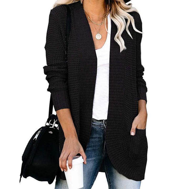 Women Long Open Knit Cardigan with Pockets, Ribbed Cuffs and Structured Waffle Look Mune Fashion