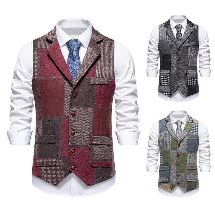Men's nan Patchwork Vest with Notched Lapel Button Placket and Patch Pockets Mune Fashion