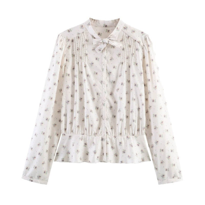 Women's Lightweight Viscose Blouse with Stand Collar, Ribbon Tie and Chest Pleats Mune Fashion