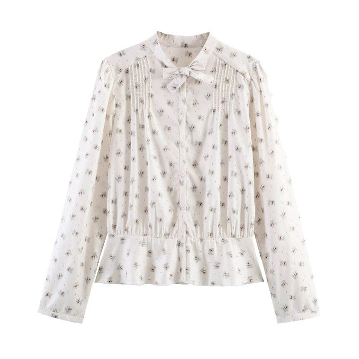 Women's Lightweight Viscose Blouse with Stand Collar, Ribbon Tie and Chest Pleats Mune Fashion