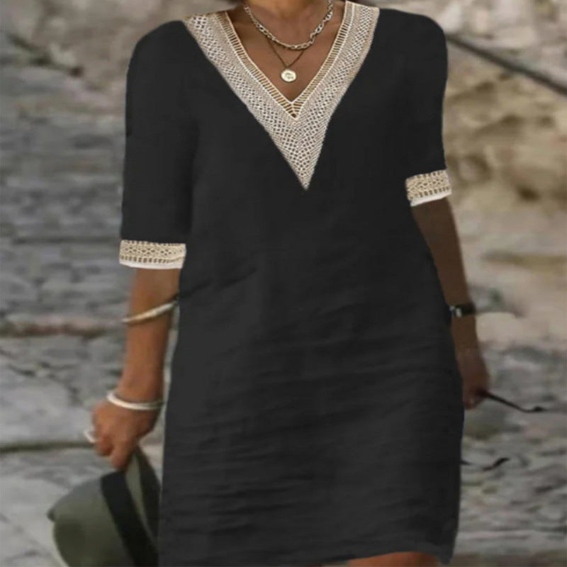 Women's Lightweight Linen Midi Dress with V-Neck and Crochet Lace Trim Mune Fashion