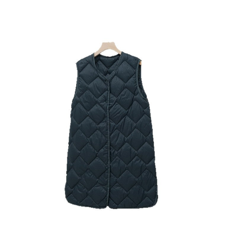Women's Long Quilted Vest with V-Neck and Diamond Quilting Mune Fashion
