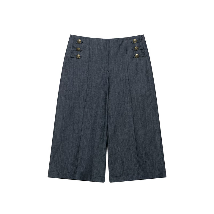 Ladies Bolero-style short jacket in vintage denim style with lace yoke and brass buttons Drune