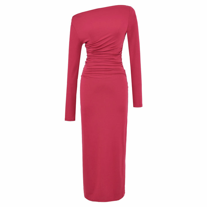 Women One-Shoulder Midi Dress with Long Sleeve and Side Gathering Mune Fashion