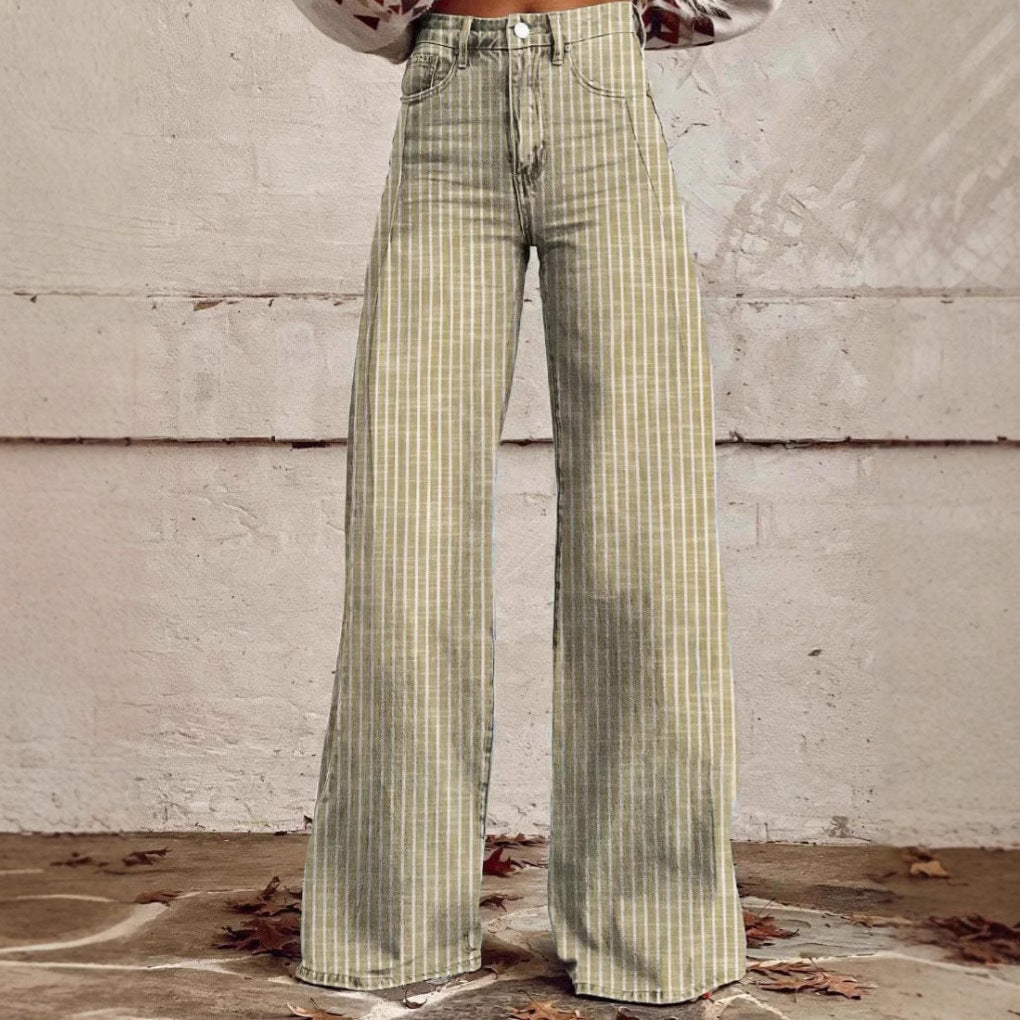 Women's wide trousers with a high waistband in linen look and vertical pinstripes flared trousers Mune Fashion