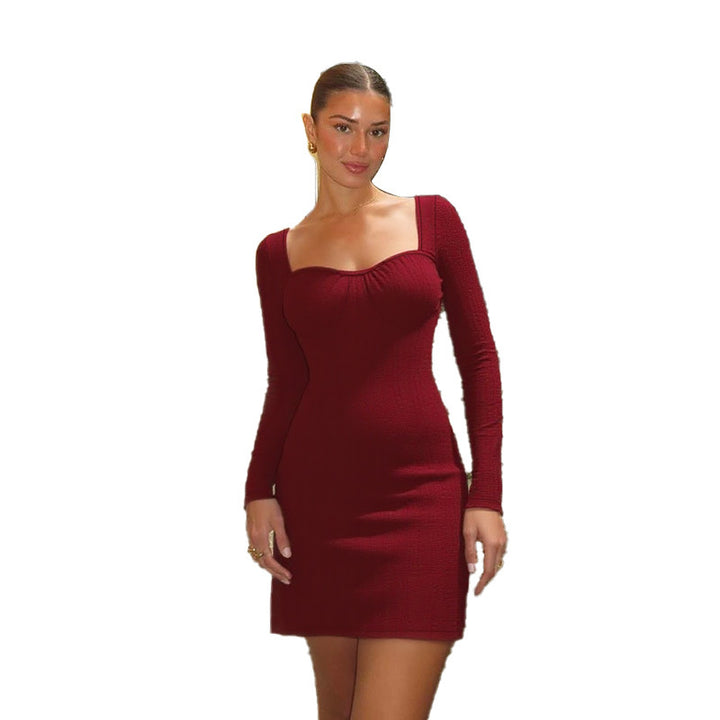 Women's fitted knit mini dress with square neckline, underbust seams and back tie detail Mune Fashion