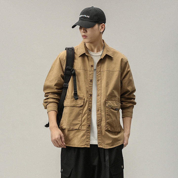 Men's Overshirt-Field Jacket in Utility Canvas with Large Flap Pockets and Shirt Collar Mune Fashion