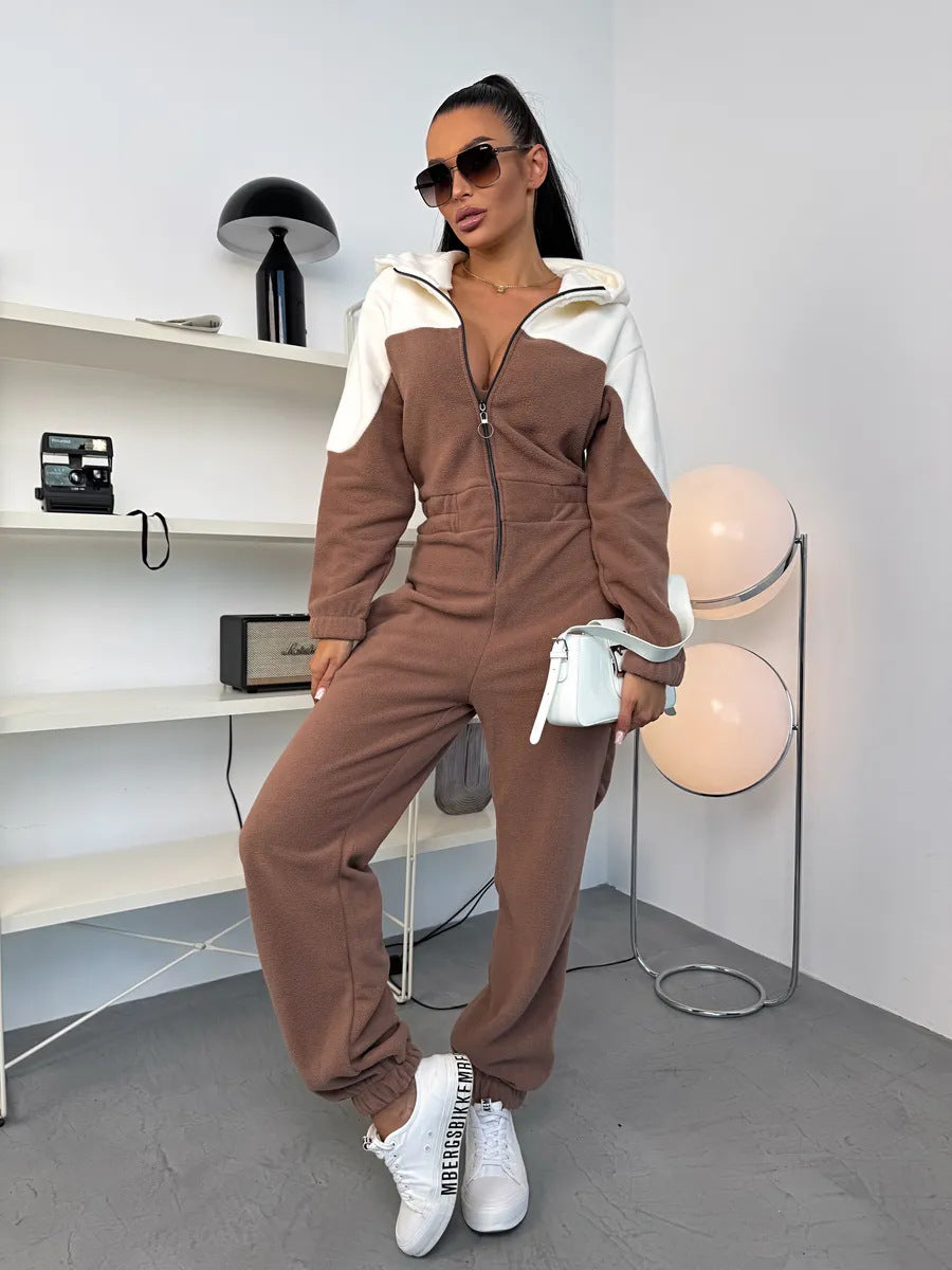 Ladies cozy fleece jumpsuit with hood, full-length zipper and elastic cuffs Mune Fashion