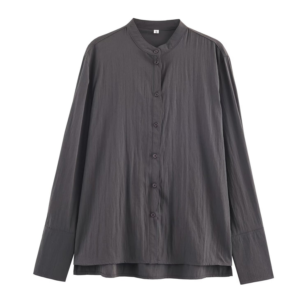 Women's Oversized Shirt Blouse with Mandarin Collar and Full Button Placket Mune Fashion