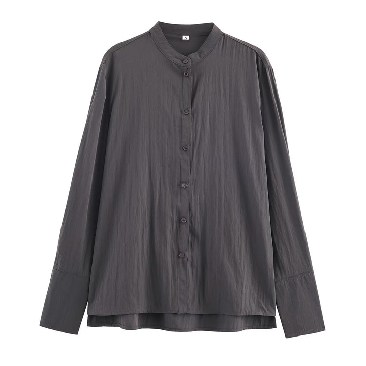 Women's Oversized Shirt Blouse with Mandarin Collar and Full Button Placket Mune Fashion
