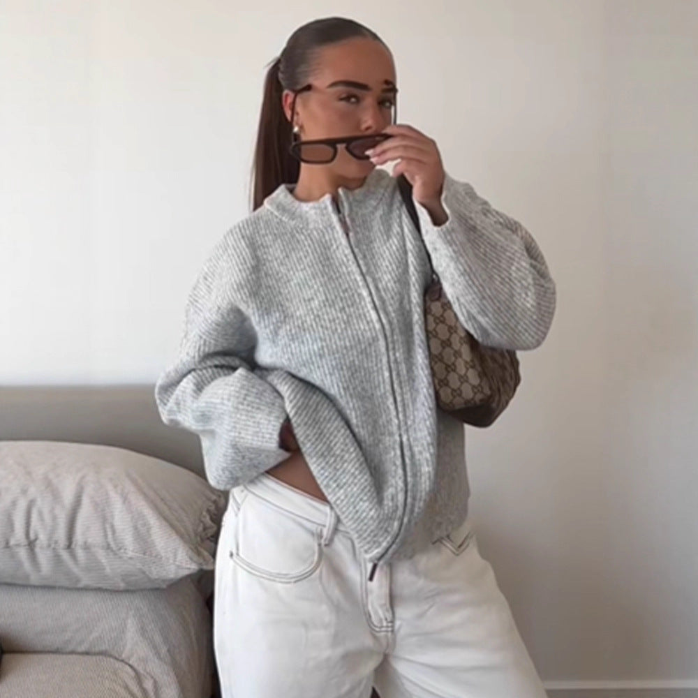 Women's Chunky Knit Zipper Cardigan with Oversized Cut Mune Fashion