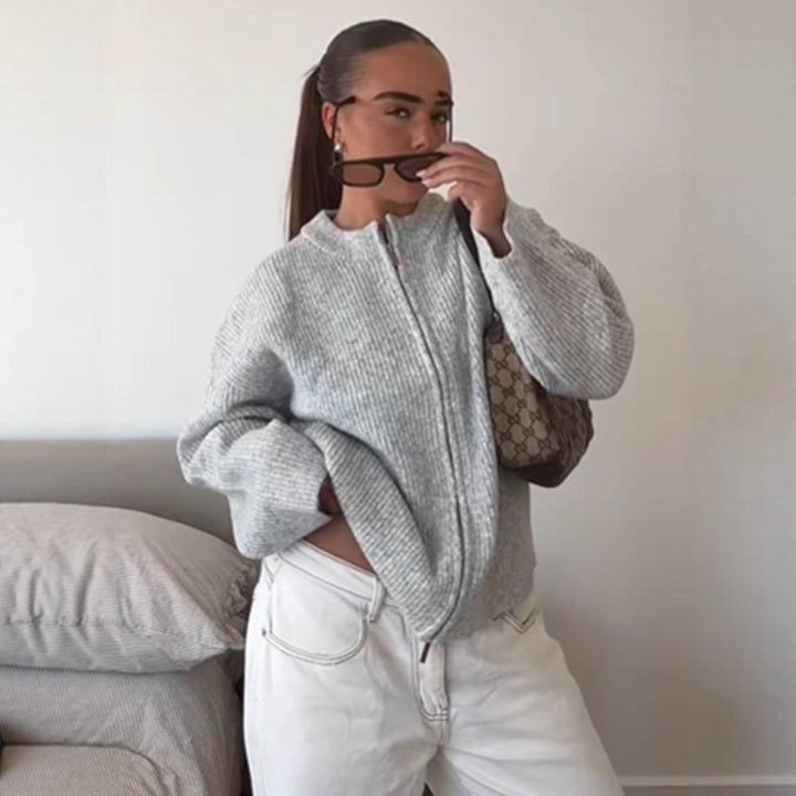 Women's Chunky Knit Zipper Cardigan with Oversized Cut Mune Fashion