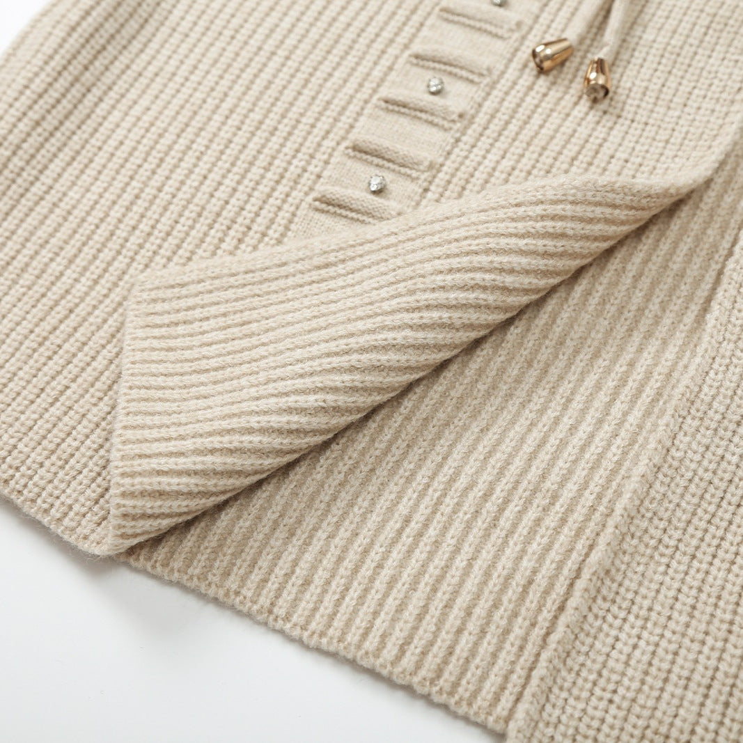 Ladies chunky knit cardigan with rhinestone trim, braided cord, and open V-neck Mune Fashion