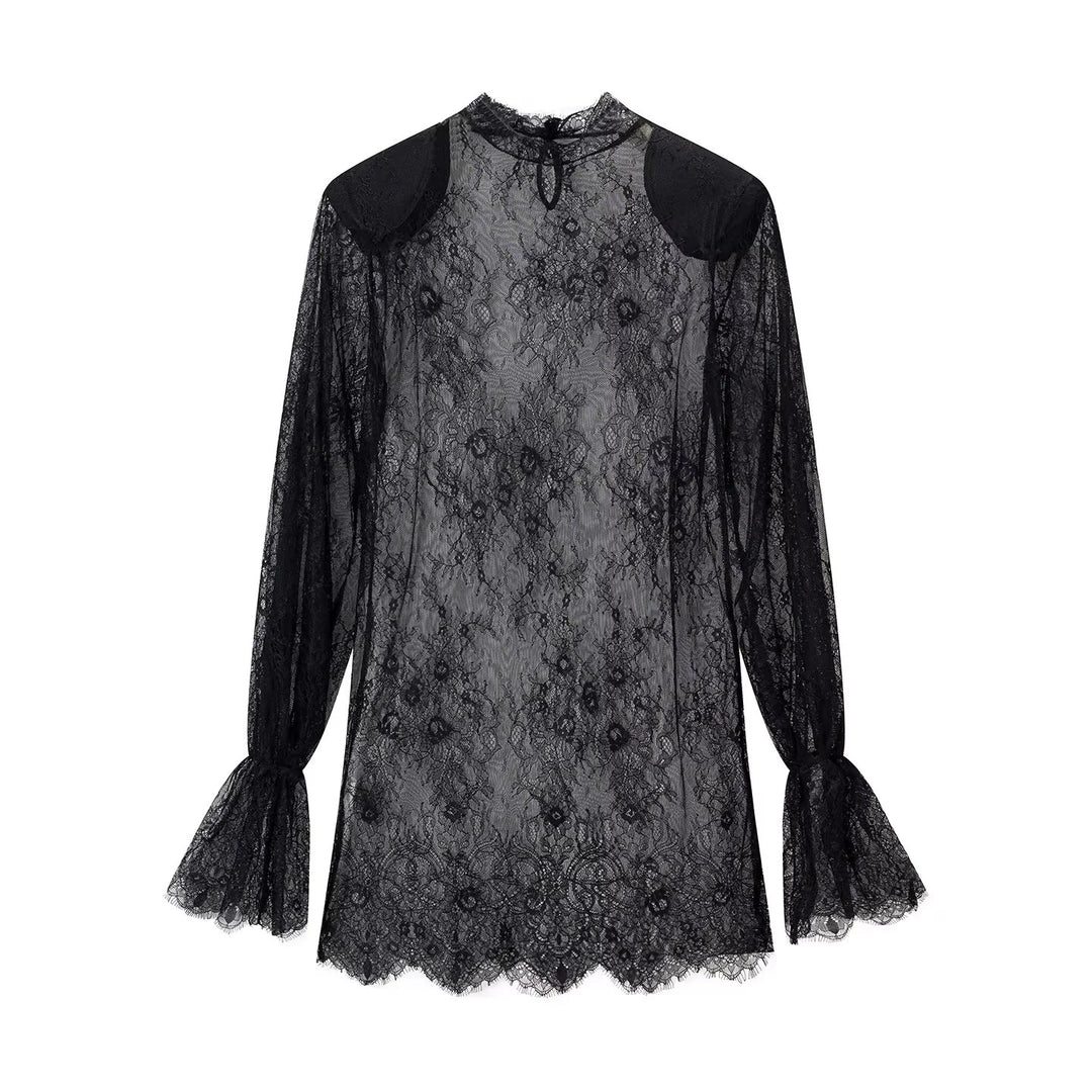 Ladies sheer lace blouse with stand-up collar, tie key and bell sleeves Mune Fashion