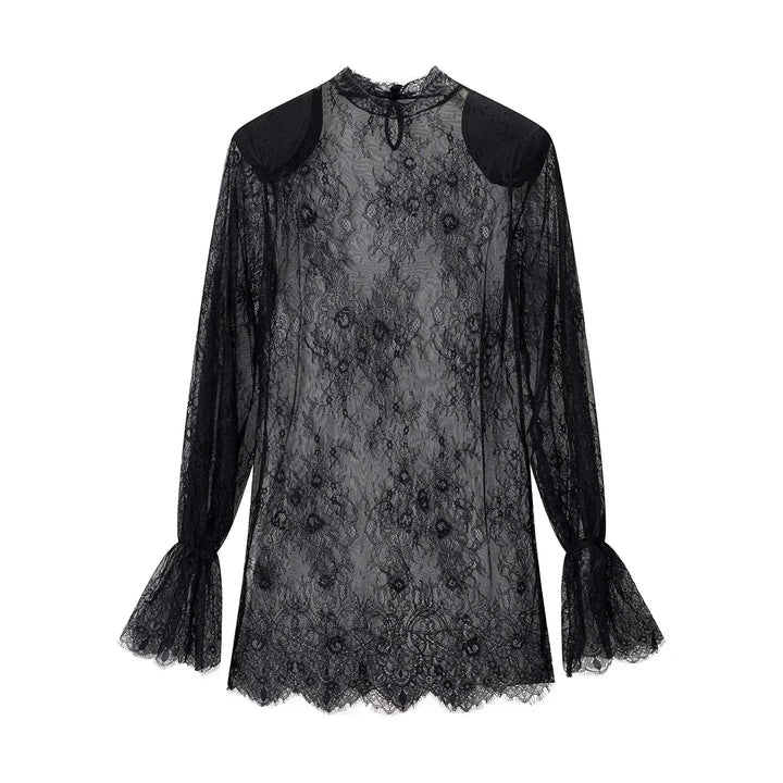 Ladies sheer lace blouse with stand-up collar, tie key and bell sleeves Mune Fashion