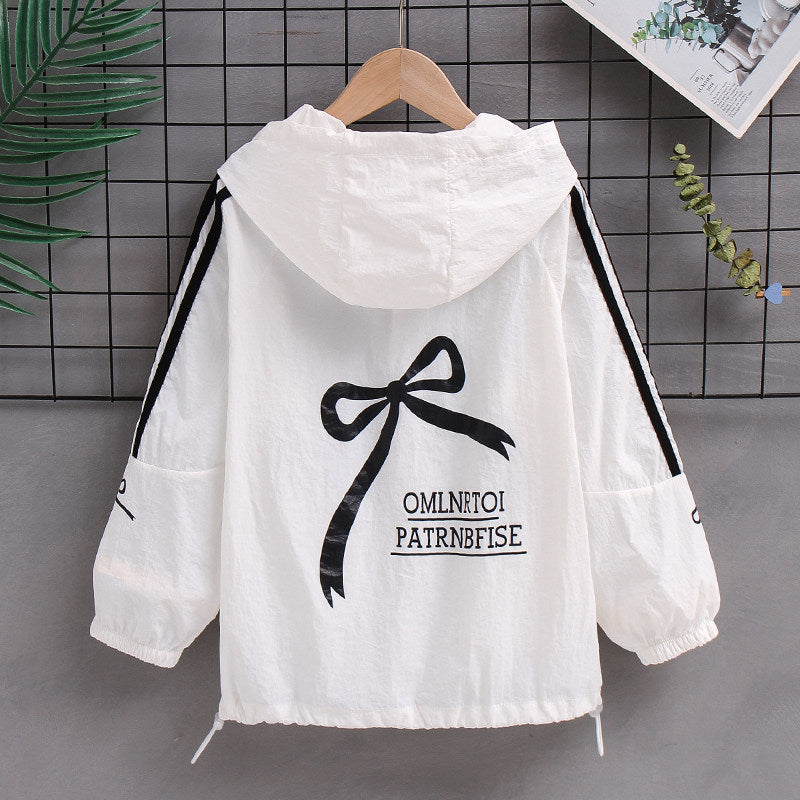 Women's lightweight hooded bomber jacket with bow print and contrast stripes Mune Fashion