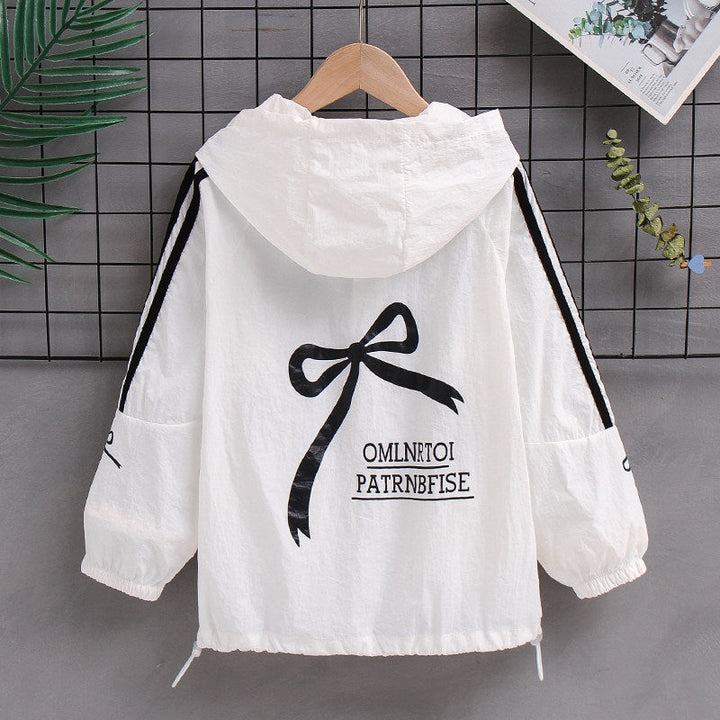 Women's lightweight hooded bomber jacket with bow print and contrast stripes Mune Fashion