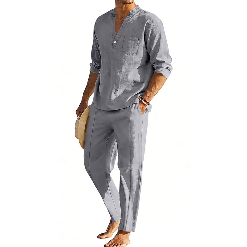 Men's comfortable linen two-piece with stand-up collar shirt and tapered ankle-length pants Mune Fashion