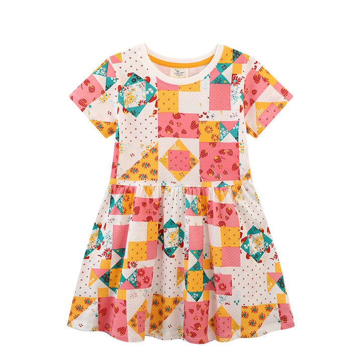Girls Short Sleeve Dress with Cheerful Patchwork Design Mune Fashion