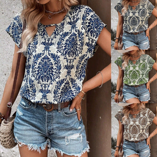 Women's Casual Short Sleeve Viscose Top with Keyhole Neckline and Baroque Pattern Mune Fashion