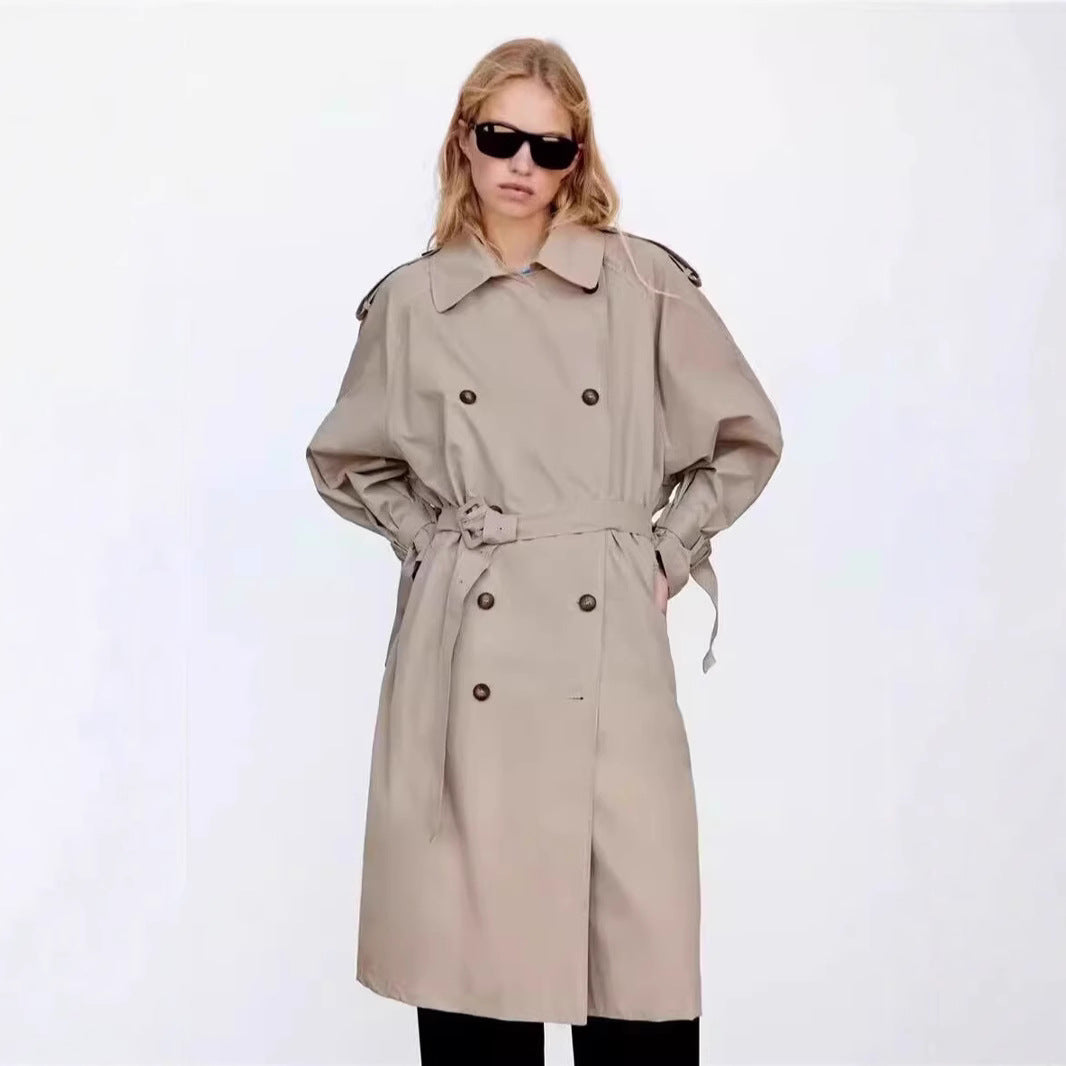 Ladies Double-Breasted Trench Coat with Waist Belt, Oversized Cut and Shoulder Straps Mune Fashion