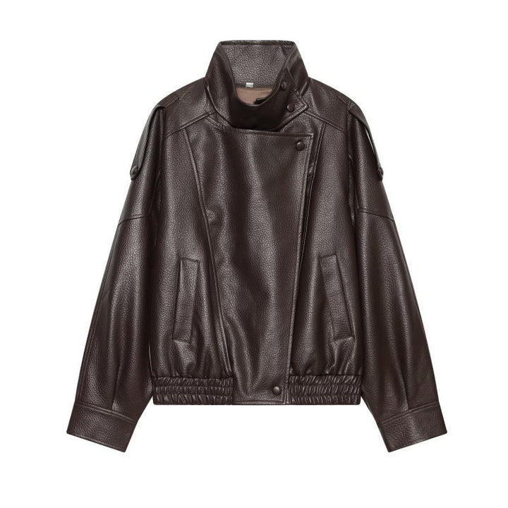 Women Faux Leather Bomber Jacket with High Stand Collar, Asymmetrical Closure and Elastic Hem Mune Fashion