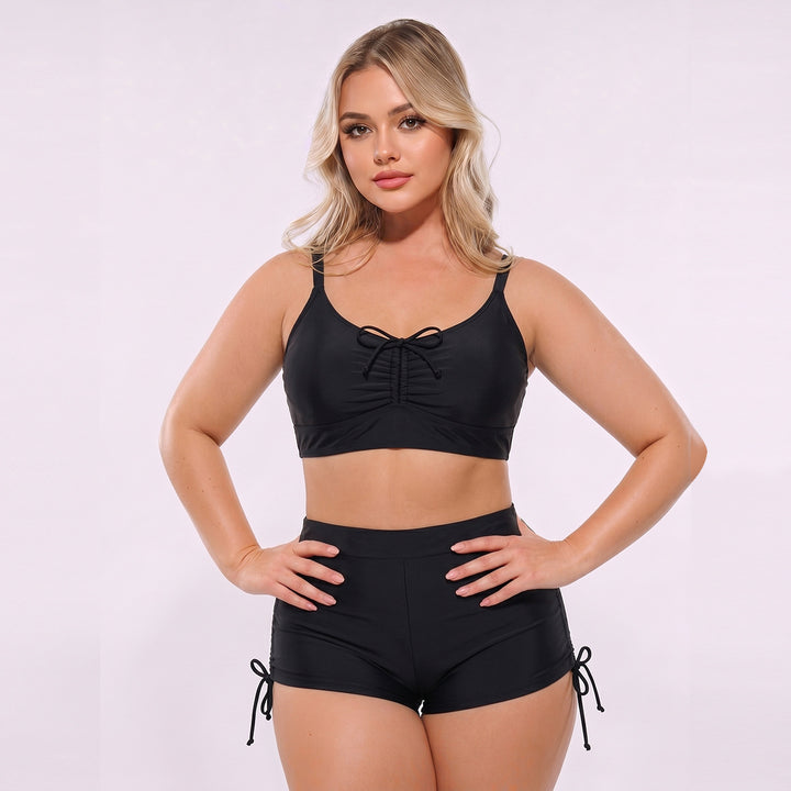 Women High-Cut Tankini Set with Adjustable Straps and Gathering Mune Fashion