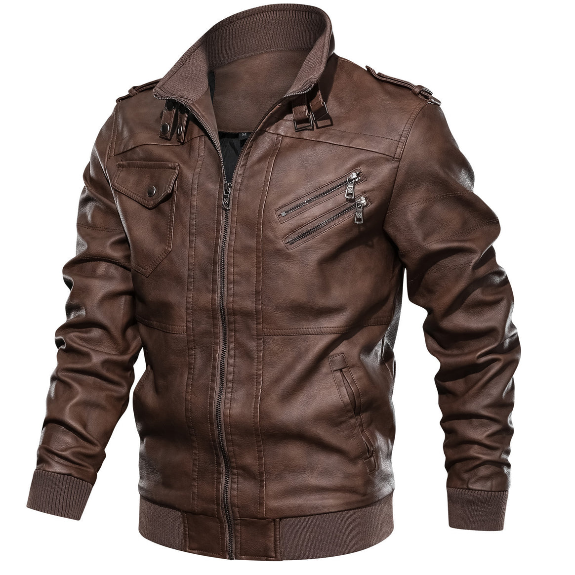 Men's Leather Bomber Jacket in Aviator Style with Stand Collar and Ribbed Cuffs Mune Fashion
