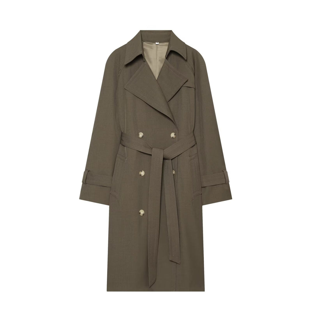 Women's Double-Breasted Trench Coat with Waist Belt and Raglan Sleeves Mune Fashion