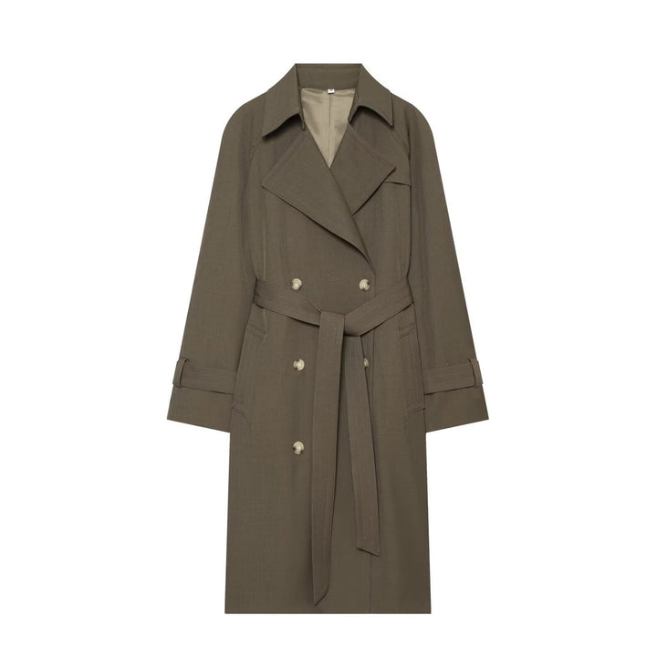 Women's Double-Breasted Trench Coat with Waist Belt and Raglan Sleeves Mune Fashion