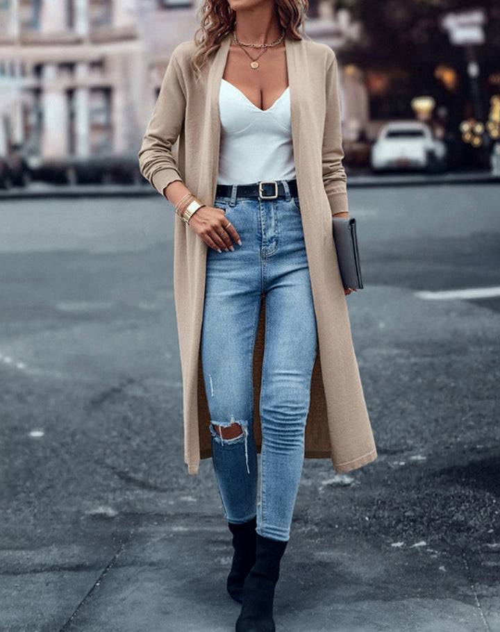 Women's long fine-knit cardigan in duster style with open fall and narrow sleeve section Mune Fashion